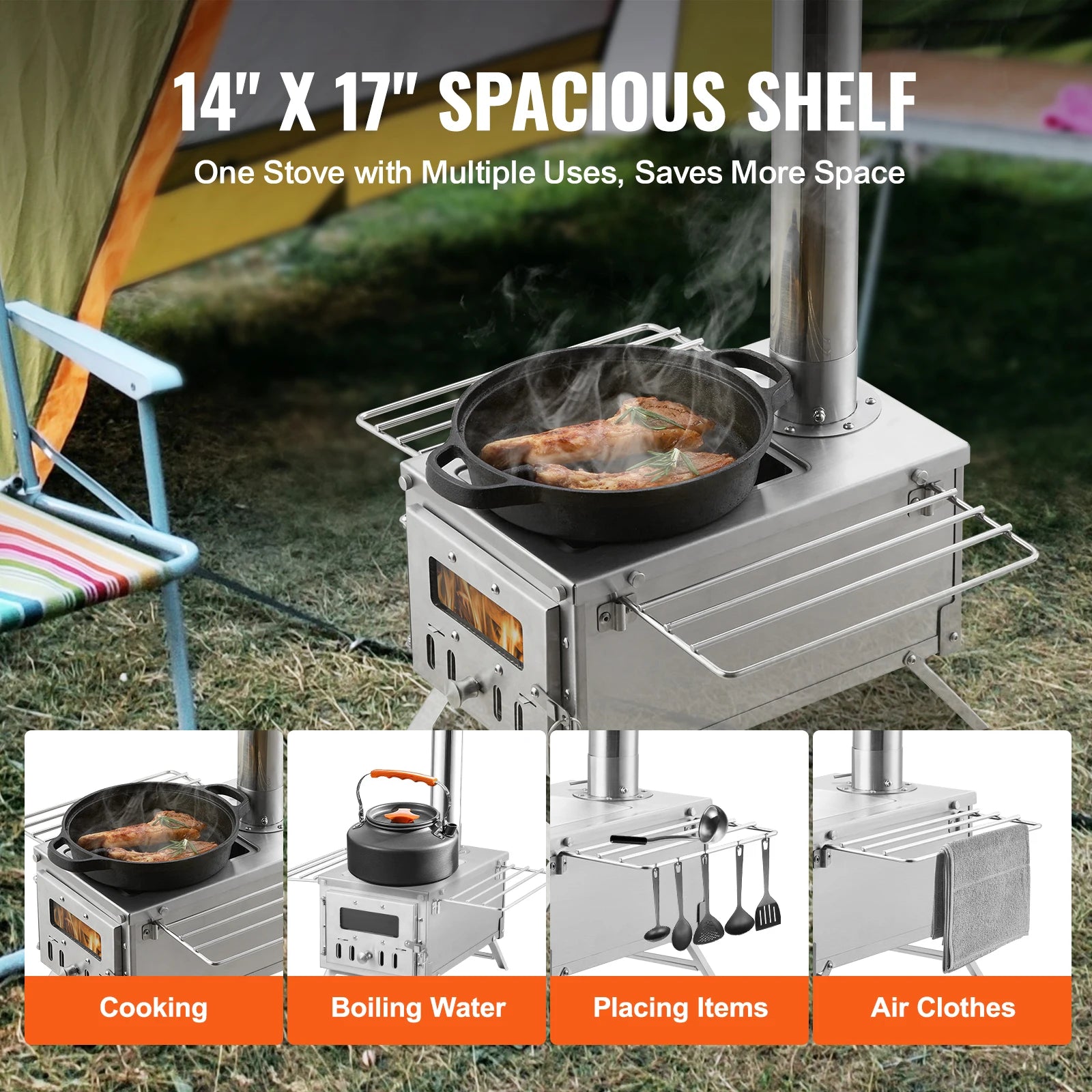 Stainless Steel Camping Wood Stove/Tent Heater with Chimney & Accessories - Stainless Steel Camping Wood Stove/Tent Heater with Chimney & Accessories Readi Gear
