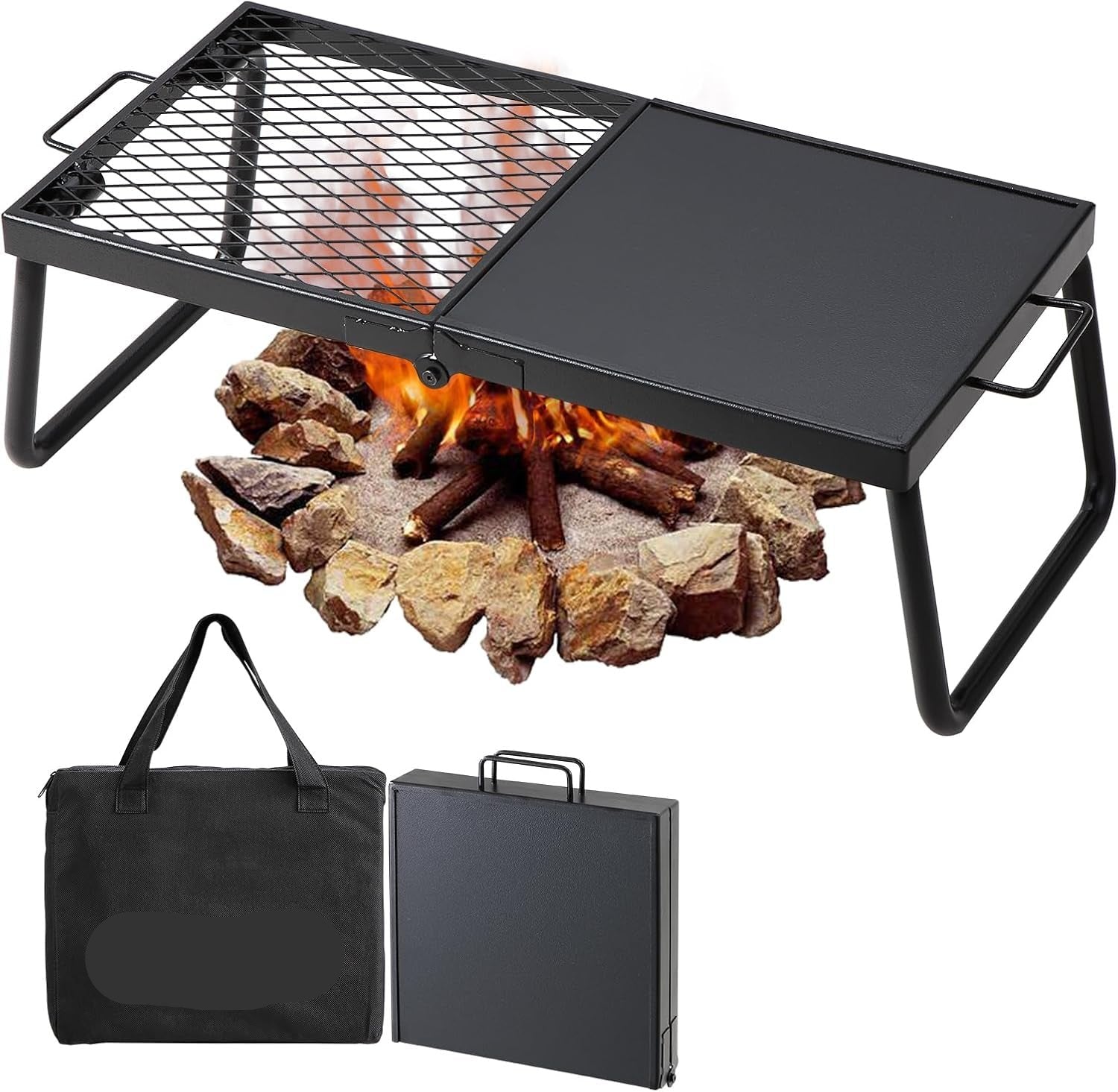 CampMate Foldable Grill & Griddle - Heavy Duty Fire Pit Cooking Rack - Foldable Campfire Grill Readi Gear