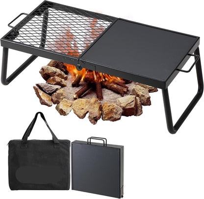 CampMate Foldable Grill & Griddle - Heavy Duty Fire Pit Cooking Rack - Foldable Campfire Grill Readi Gear