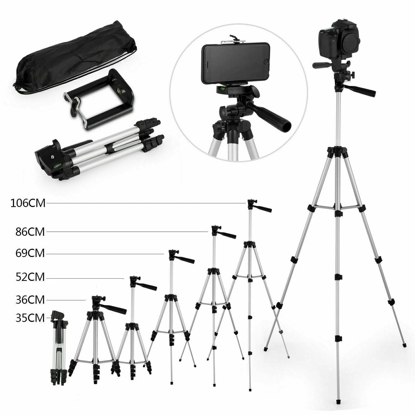 360° Swivel Camera Tripod Stand & Phone Holder for iPhone, Samsung + Bag - Readi Gear