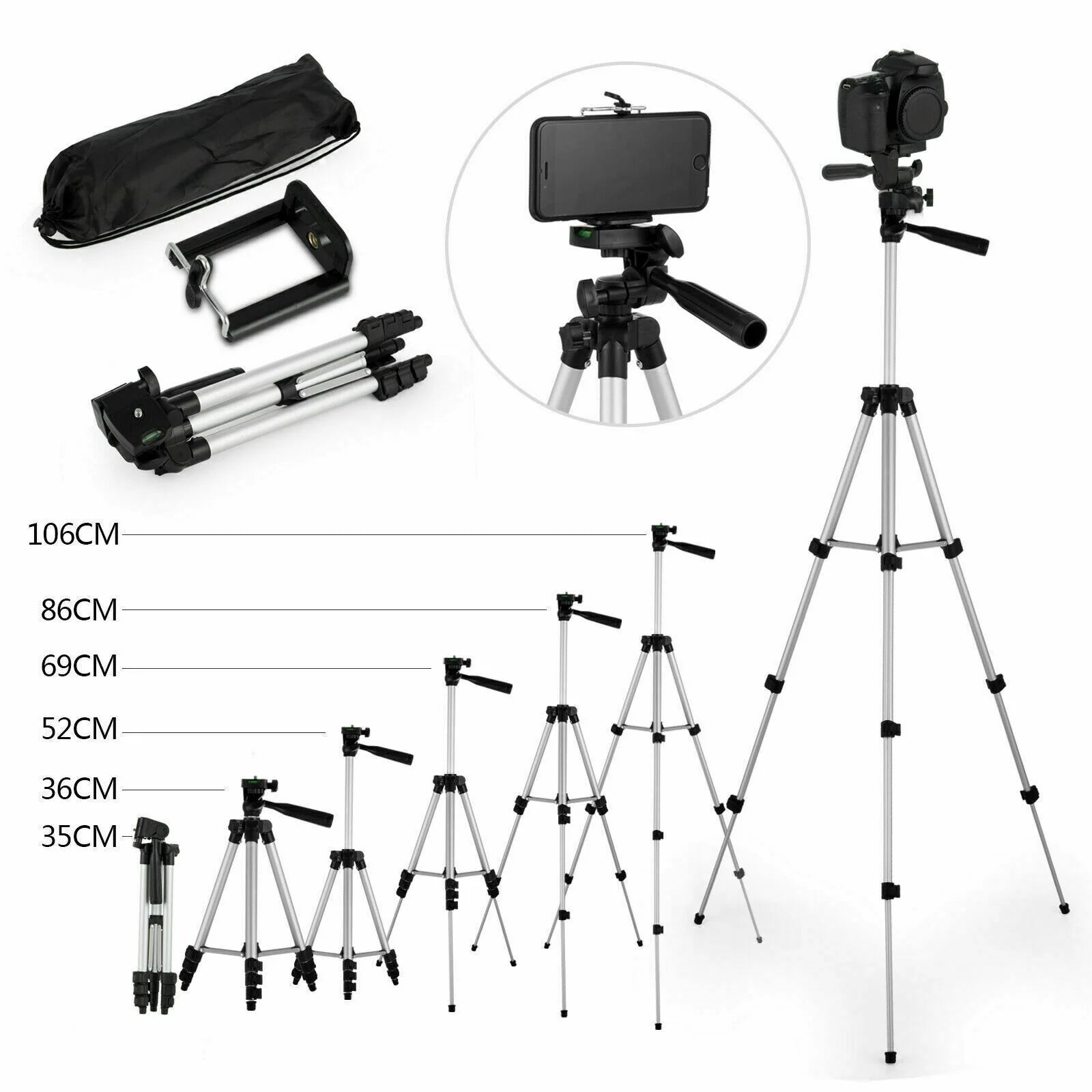 360° Swivel Camera Tripod Stand & Phone Holder for iPhone, Samsung + Bag - Readi Gear