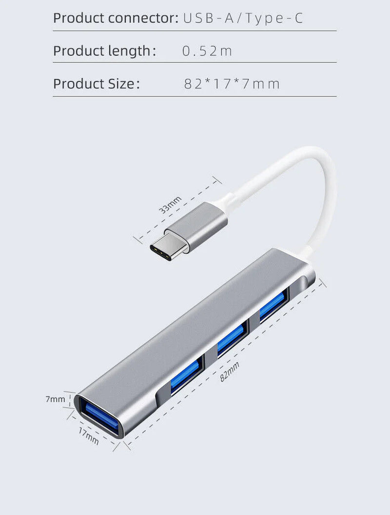 Fast 4 Port USB-C to USB 3.0 Hub Splitter for Mac, PC & Mobile Devices - USB Hub Splitter Readi Gear