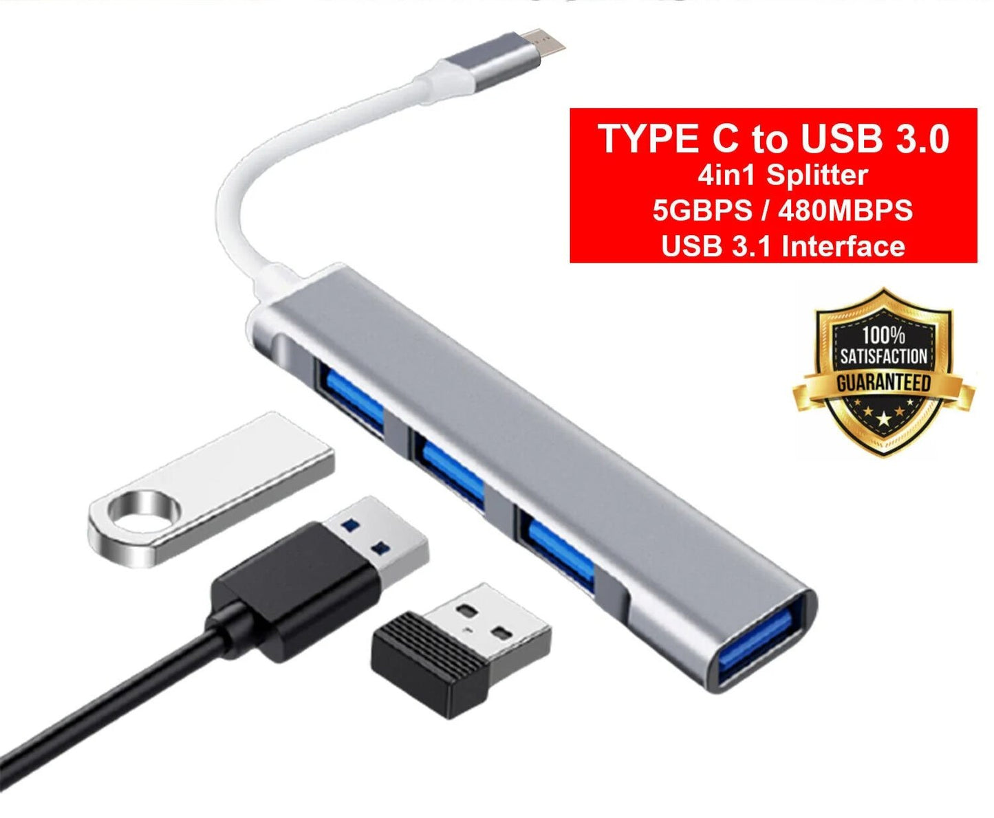 Fast 4 Port USB-C to USB 3.0 Hub Splitter for Mac, PC & Mobile Devices - USB Hub Splitter Readi Gear