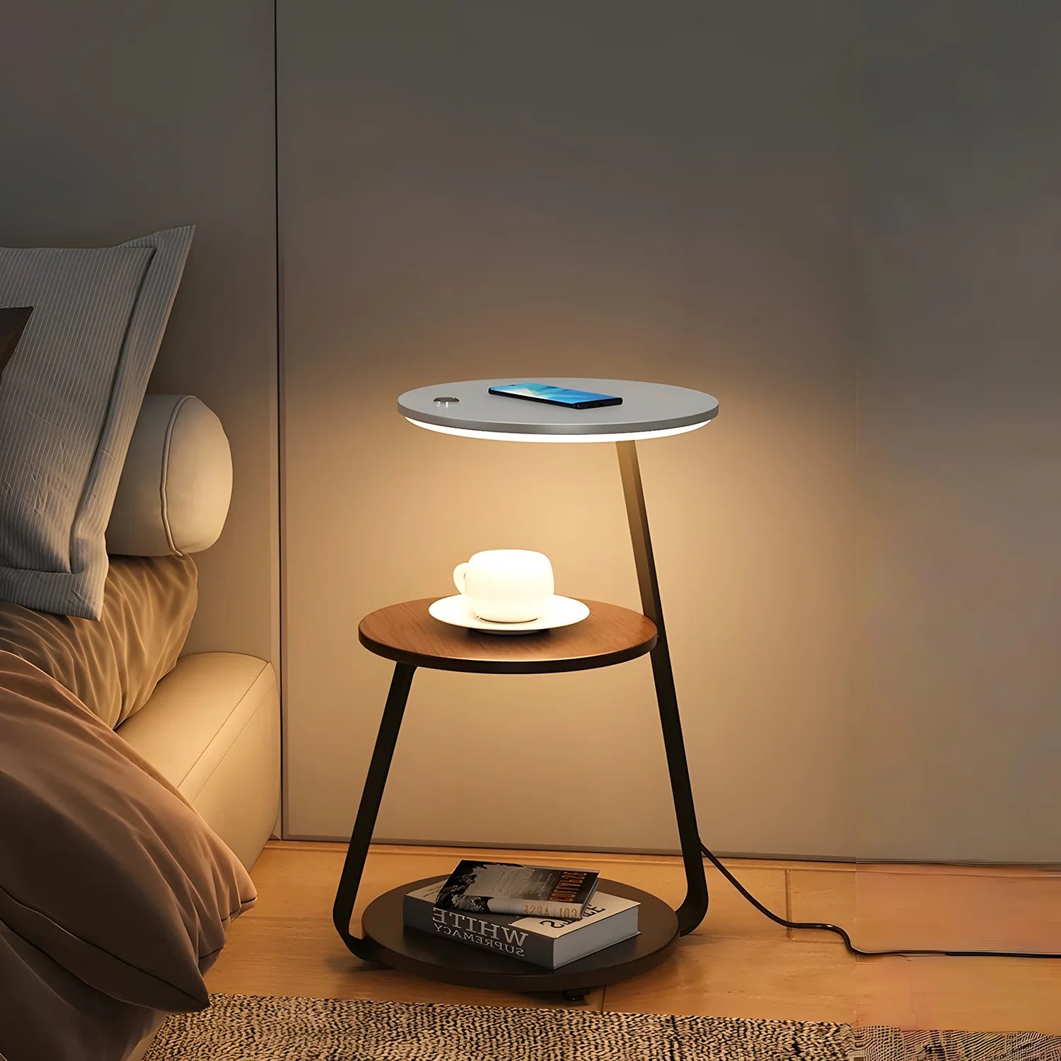 SmartGlow Nightstand: Dimmable LED Nightlight & Wireless Device Charger - Nightstand with light and charger Readi Gear