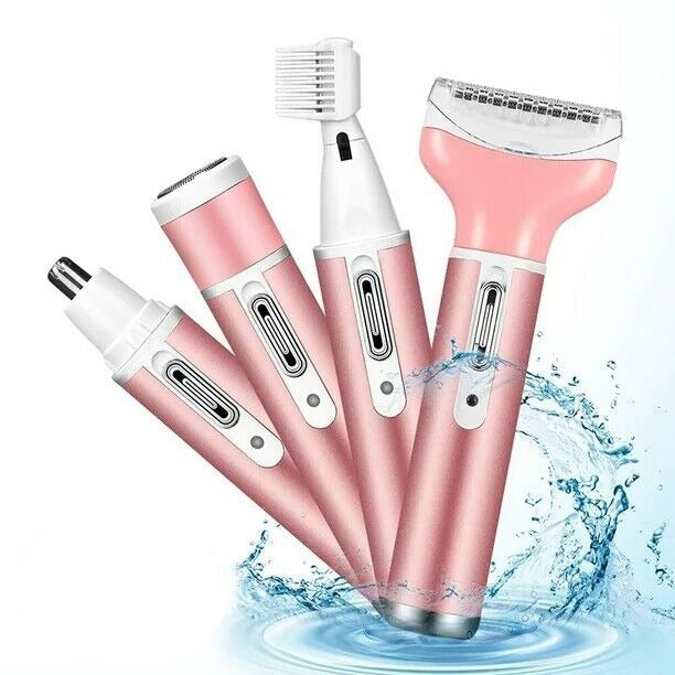 A set of portable rechargeable grooming tools for women including a nose hair trimmer, eyebrow shaper, sideburn trimmer, and beard shaver in pink color, labeled as 4in1.